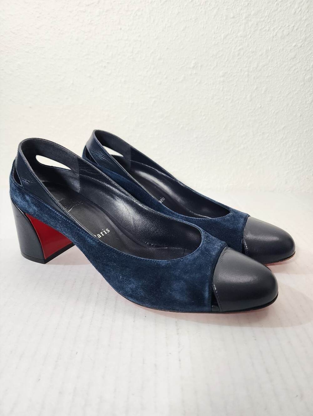 Christian Louboutin Miss Duvette 55 Navy Suede Cap Toe Pumps Slingback EU 39